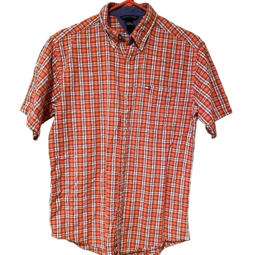 Tommy Hilfiger Vintage Plaid Short Sleeve Shirt Size XL logo On front